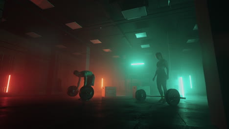 A-strong-man-and-a-woman-squat-with-a-barbell-over-their-heads-in-a-neon-light-in-the-gym.-Lifting-weights